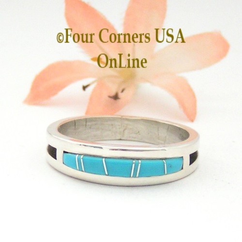 Size 14 Turquoise Inlay Band Ring Four Corners USa Online Native American Navajo Silver Jewelry Wilbert Muskett Jr WB-1593