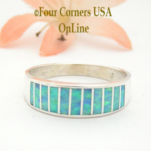 Size 11 1/2 Light Blue Fire Opal Inlay Wedding Band Ring Ella Cowboy WB-1606 Four Corners USA OnLine Native American Jewelry