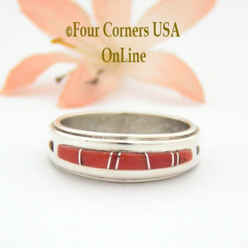 Size 8 Red Coral Inlay Ring Native American Wilbert Muskett Jr WB-1637 Four Corners USA OnLine Navajo Sterling Silver Jewelry