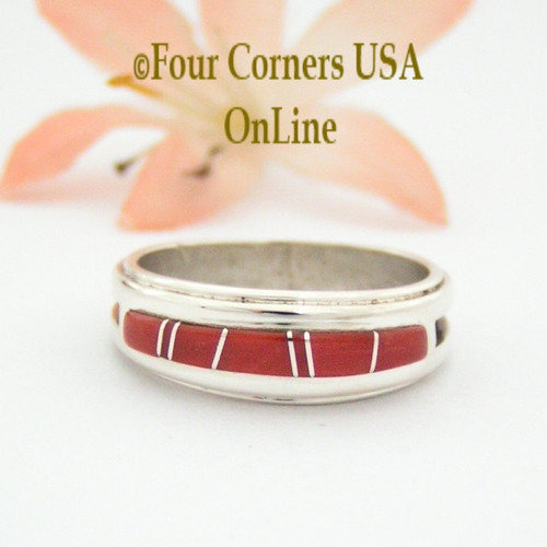 Size 8 1/2 Red Coral Inlay Ring Native American Wilbert Muskett Jr WB-1638 Four Corners USA OnLine Navajo Sterling Silver Jewelry