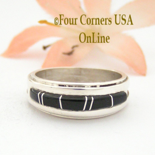 Size 7 Jet Inlay Ring Native American Wilbert Muskett Jr WB-1652 Four Corners USA OnLine Navajo Sterling Silver Jewelry