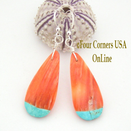 Teardrop Orange Spiny Shell Turquoise Inlay Tip Earrings Four Corners USA OnLine Native American Jewelry NAER-09044-O