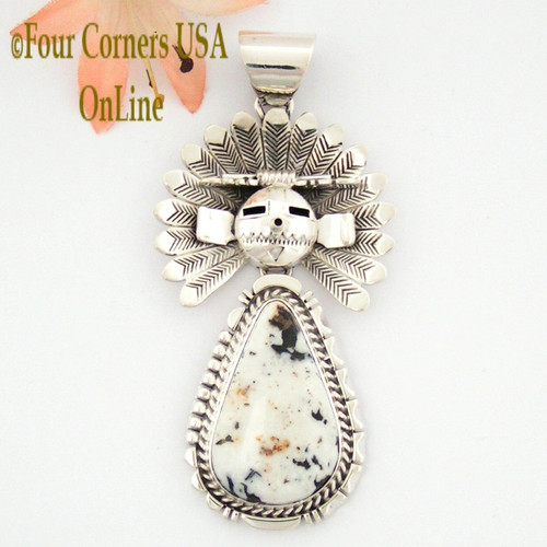 Kachina White Buffalo Turquoise Movable Sun Pendant Navajo Artisan Freddy Charley NAP-1511 Four Corners USA OnLine Native American Jewelry