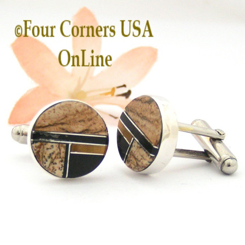 Jasper Tiger Eye Jet Inlay Cuff Links Navajo Artisan Arnold Yazzie NAM-1422 Four Corners USA OnLine