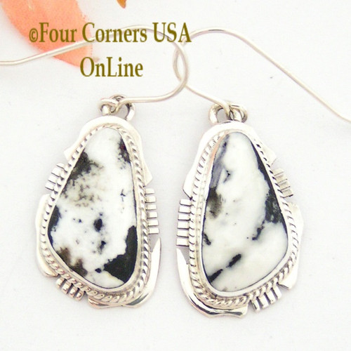 White Buffalo Turquoise Sterling Silver Earrings Navajo Artisan Kathy Yazzie NAER-1483 Four Corners USA OnLine Native American Jewelry