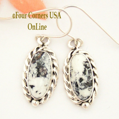 White Buffalo Turquoise Sterling Earrings Navajo Artisan Barbara Hemstreet NAER-1504 Four Corners USA OnLine Native American Jewelry