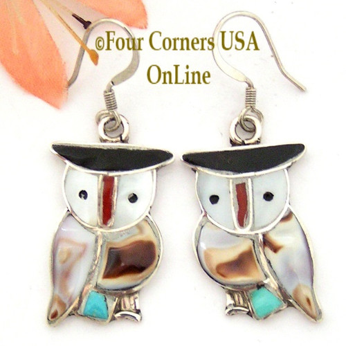 Zuni Inlay Owl Earrings Native American Pitkin Natewa with Shell Turquoise Coral NAER-09196C Four Corners USA OnLine