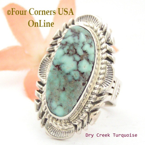 Size 7 1/2 Dry Creek Turquoise Elongated Ring Navajo Artisan Thomas Francisco NAR-1780  Four Corners USA OnLine Native American Jewelry