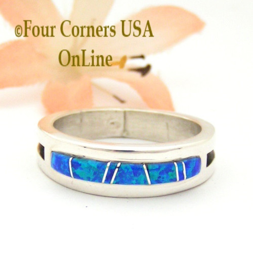 Size 10 Blue Fire Opal Inlay Band Ring Native American Wilbert Muskett Jr WB-1672 Four Corners USA OnLine Navajo Silver Jewelry