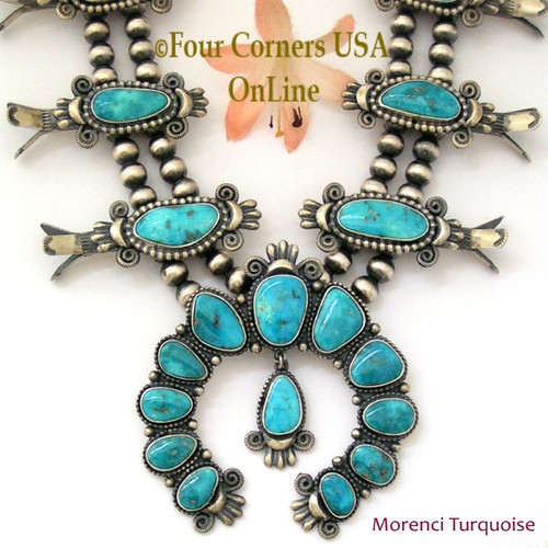 Morenci Turquoise Squash Blossom Necklace On Sale Navajo Artisan Donovan Cadman NAN-1435 Four Corners USA OnLine Authentic Native American Jewelry