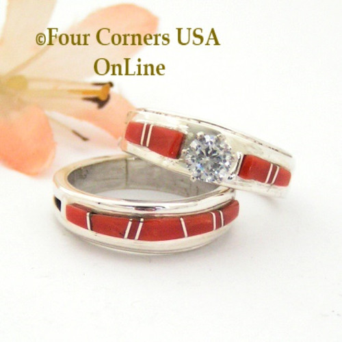 Size 7 Red Coral Engagement Bridal Wedding Ring Set Native American Wilbert Muskett Jr WS-1598 Four Corners USA OnLine Navajo Silver Jewelry