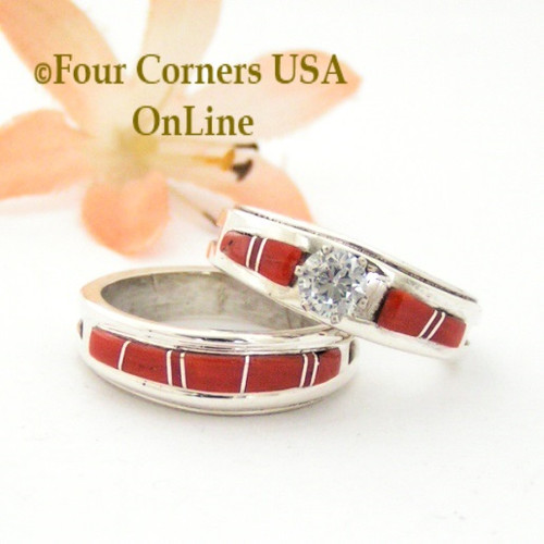 Size 8 1/2 Red Coral Engagement Bridal Wedding Ring Set Native American Wilbert Muskett Jr WS-1599 Four Corners USA Navajo Silver Jewelry