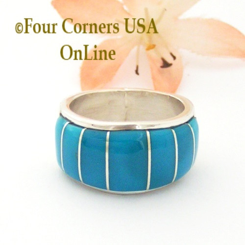 Size 9 1/2 Blue Turquoise Inlay Wide Band Ring Native American Ella Cowboy NAR-1861 Four Corners USA OnLine Navajo Silver Jewelry