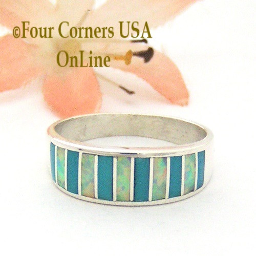 Size 9 Turquoise and White Fire Opal Inlay Ring Native American Ella Cowboy WB-1690 Four Corners USA OnLine Navajo Silver Jewelry