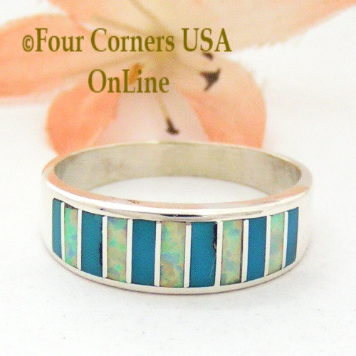 Size 10 Turquoise and White Fire Opal Inlay Ring Native American Ella Cowboy WB-1691 Four Corners USA OnLine Navajo Silver Jewelry