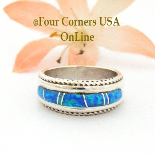 Size 5 1/2 Blue Fire Opal Inlay Band Ring Navajo Artisan Wilbert Muskett Jr Four Corners USA OnLine Native American Jewelry