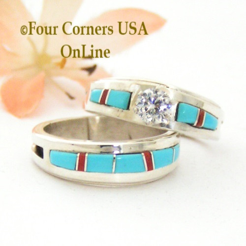 Size 8 Turquoise Red Coral Engagement Bridal Wedding Ring Set Native American Wilbert Muskett Jr WS-1626 Four Corners USA OnLine Navajo Silver Jewelry