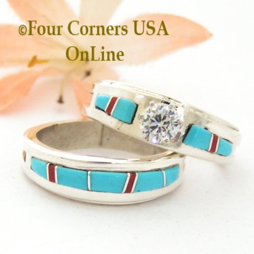 Size 8 1/2 Turquoise Red Coral Engagement Bridal Wedding Ring Set Native American Wilbert Muskett Jr WS-1627 Four Corners USA OnLine Navajo Silver Jewelry