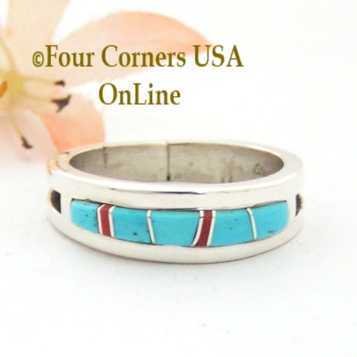 Size 11 Turquoise Red Coral Inlay Ring Native American Wilbert Muskett Jr WB-1715 Four Corners USA OnLine Navajo Silver Jewelry