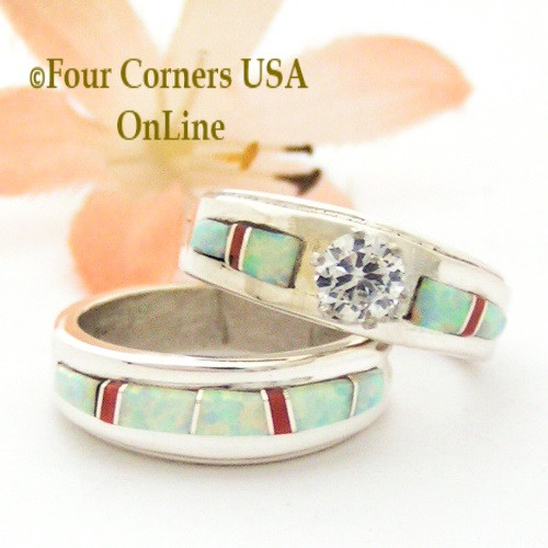 Size 6 1/2 White Fire Opal and Coral Engagement Bridal Wedding Ring Set Native American Wilbert Muskett Jr WS-1630 Four Corners USA OnLine Navajo Silver Jewelry