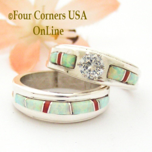 Size 7 White Fire Opal and Coral Engagement Bridal Wedding Ring Set Native American Wilbert Muskett Jr WS-1631 Four Corners USA OnLine Navajo Silver Jewelry