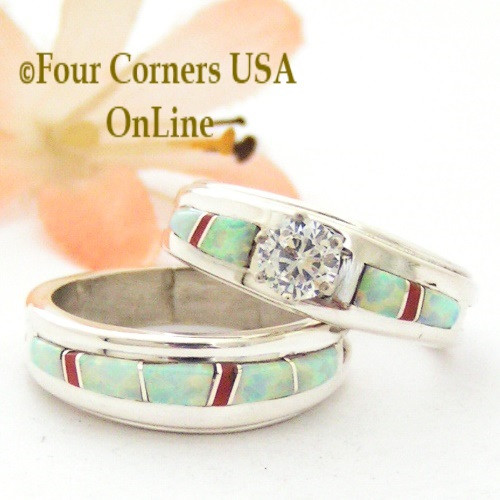 Size 7 1/2 White Fire Opal and Coral Engagement Bridal Wedding Ring Set Native American Wilbert Muskett Jr WS-1632 Four Corners USA OnLine Navajo Silver Jewelry