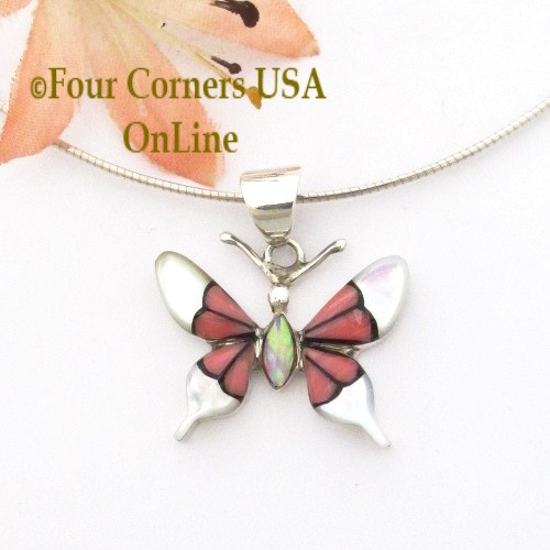 On Sale Now Inlay Pink Coral White Shell Butterfly Pendant 16 Inch Necklace Native American Jewelry at Four Corners USA OnLine NAP-1672