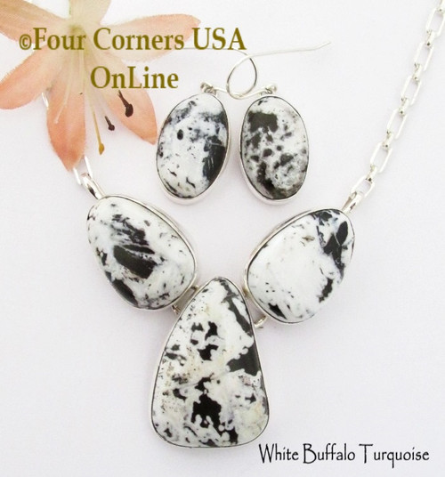 3 Stone White Buffalo Turquoise Necklace Earring Jewelry Set Navajo Lyle Piaso NAN-1442 Four Corners USA OnLine Native American Silver Jewelry