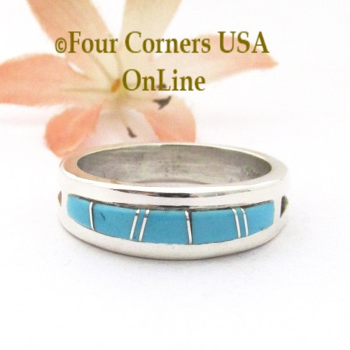 Size 11 Turquoise Inlay Straight Edge Band Ring Navajo Wilbert Muskett Jr WB-1788 Four Corners USA OnLine Native American Silver Jewelry