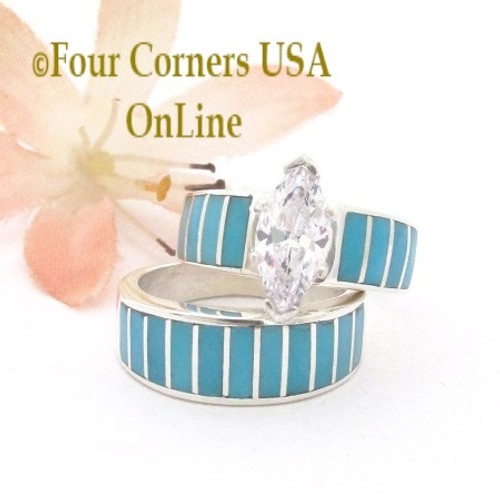 Size 4 1/2 Turquoise Inlay Wedding Engagement Ring Set Ella Cowboy WS-1680 Four Corners USA OnLine Native American Jewelry