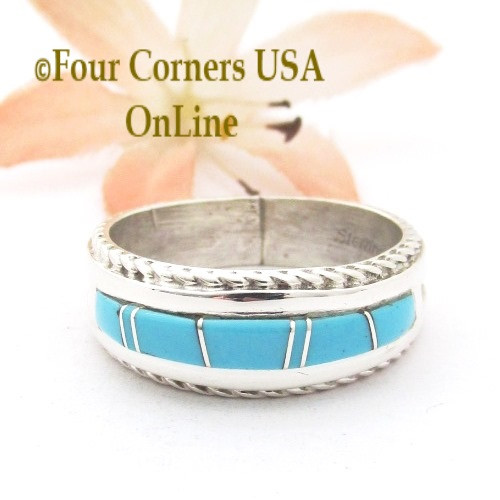 Size 9 Turquoise Inlay Band Ring Twisted Wire Rope Accent Navajo Wilbert Muskett Jr WB-1794 Four Corners USA OnLine Native American Silver Jewelry