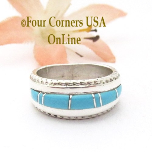 Size 4 1/2 Turquoise Inlay Ring with Twisted Wire Rope Accent Navajo Wilbert Muskett Jr WB-1800 Four Corners USA OnLine Native American Jewelry