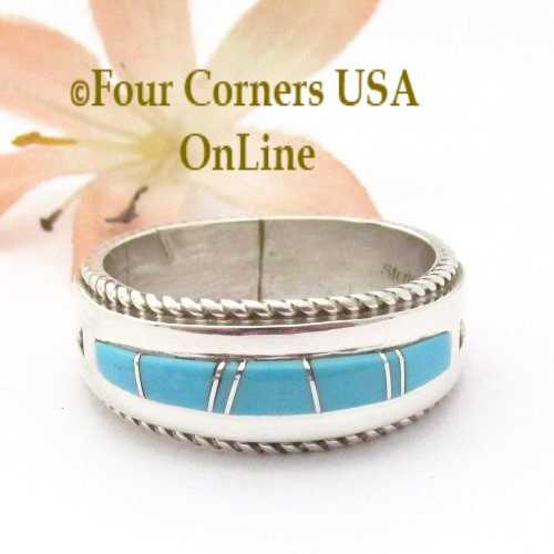 Size 11 Turquoise Inlay Ring with Twisted Wire Rope Accent Navajo Wilbert Muskett Jr WB-1808 Four Corners USA OnLine Native American Jewelry