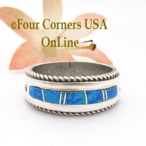 Size 10 1/2 Blue Fire Opal Inlay Band Ring Navajo Artisan Wilbert Muskett Jr WB-1813 Four Corners USA OnLine Native American Indian Silver Jewelry