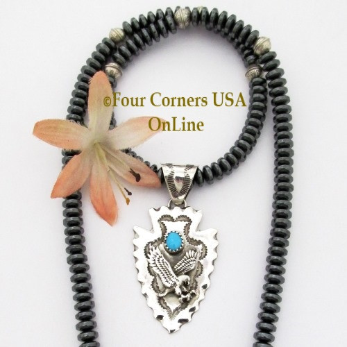 Arrowhead Eagle Turquoise Sterling Pendant 20 Inch Bead Necklace On Sale Now NAP-1474 Four Corners USA OnLine Native American Artisan Jewelry