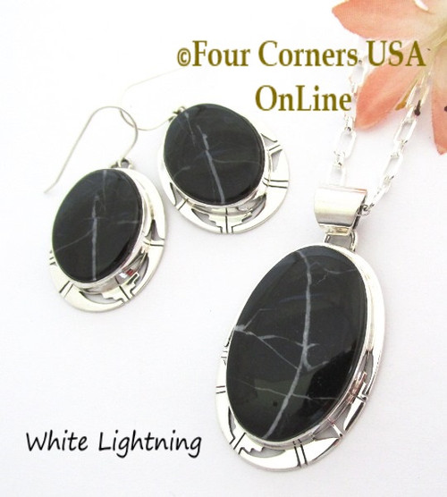 White Lightning Pendant Necklace Earring Set Navajo Phillip Sanchez NAER-1538 Four Corners USA OnLine Native American Jewelry 