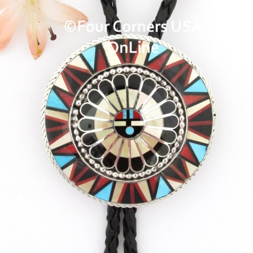 SunFace Inlay Sterling Silver Bolo Tie Zuni Jeweler April Unkestine NAN-1451 Four Corners USA OnLine Native American Silver Jewelry