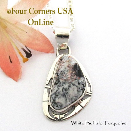 White Buffalo Turquoise Pendant 18 Inch Necklace Navajo Phillip Sanchez NAP-1713 Four Corners USA OnLine Native American Silver Jewelry