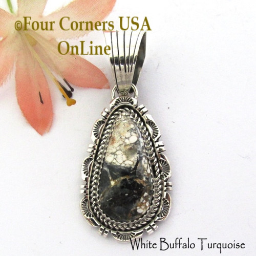 White Buffalo Turquoise Pendant Navajo Bobby Becenti NAP-1772 Four Corners USA OnLine Native American Silver Jeweler