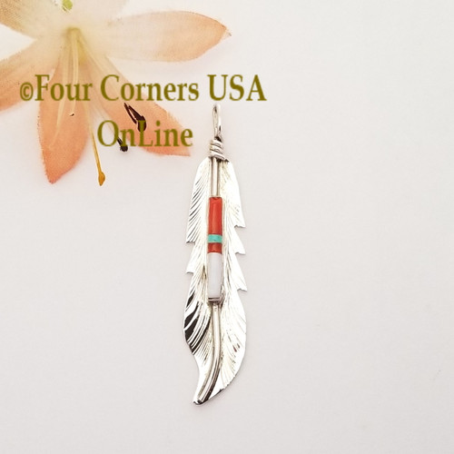 Coral Turquoise MOP Intarsia Inlay Silver Feather Pendant Four Corners USA OnLine Native American Sterling Silver Jewelry