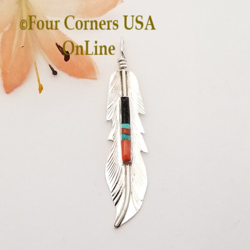 Coral Turquoise Jet Intarsia Inlay Silver Feather Pendant Four Corners USA OnLine Native American Sterling Silver Jewelry