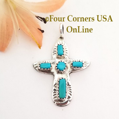 Turquoise Sterling Cross Zuni Artisan Cecilia Iule BDZ-2379 Four Corners USA OnLine Native American Silver Jewelers