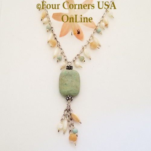 Amazonite Mother of Pearl Shell 17 Inch Sterling Fringe Necklace Four Corners USA OnLine American Artisan Jewelry