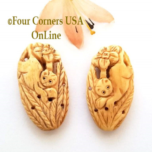 Carved Bone Cat Floral Bead Jewelry Component O-09031 Four Corners USA OnLine Jewelry Making Beading Craft Supplies