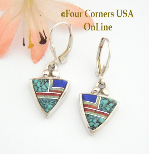 Spiderweb Turquoise Fine Inlay Earrings Coral Lapis Fire Opal Navajo Ervin Hoskie Silver Jewelry NAER-09135 Four Corners USA OnLine