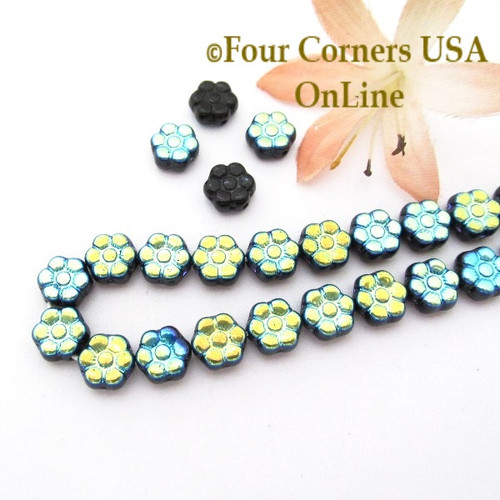 8mm Czech Preciosa Pressed Glass Daisy Flower Jet AB 16 Inch Bead Strand Four Corners USA OnLine Jewelry Making Beading Craft Supplies