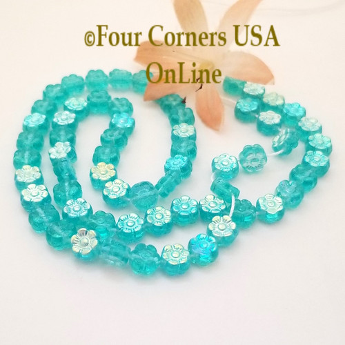 6mm Czech Preciosa Pressed Glass Daisy Flower Aqua AB 15 Inch Bead Strand Four Corners USA OnLine Jewelry Making Beading Craft Supplies