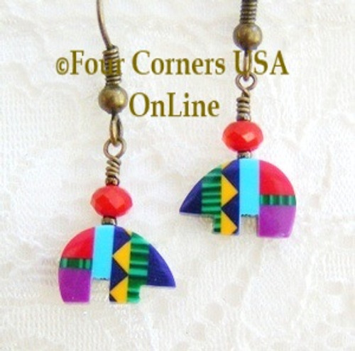 Multi Color Native American Zuni Style Inlay Fetish Bear Earrings FCE-11001 Four Corners USA OnLine Artisan Handcrafted Jewelry