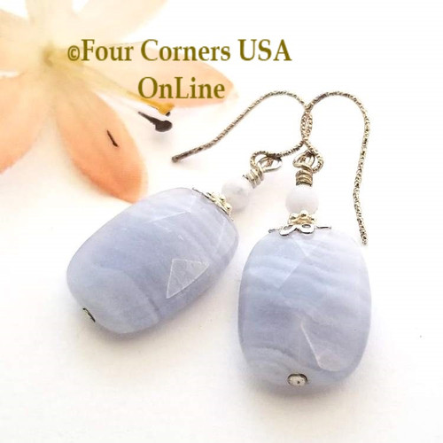 Chunky Facet Blue Lace Agate Sterling Silver Handcrafted Beaded Pierced Earrings Four Corners USA OnLine Fashion Jewelry FCE-12028