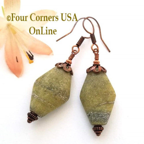 Chunky Russian Jade Handcrafted Beaded Pierced Copper Earrings On Sale Now FCE-12033 Four Corners USA OnLine Artisan Handcrafted Jewelry